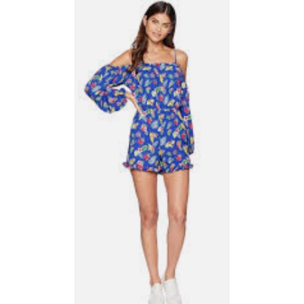 Romeo & Juliet Couture Blue Floral Off the Shoulder Romper Sz Med  -23